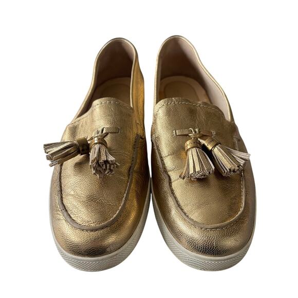 Michael Kors 7.5 Callahan Moccasins GOLD LEATHER Loafers Tassel Slip On Flats - Picture 1 of 8